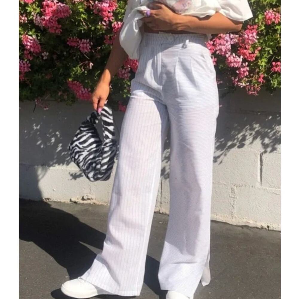 Princess Polly White Carefree Stripe Wide Leg High Rise Trouser Pant Size 2 / XS